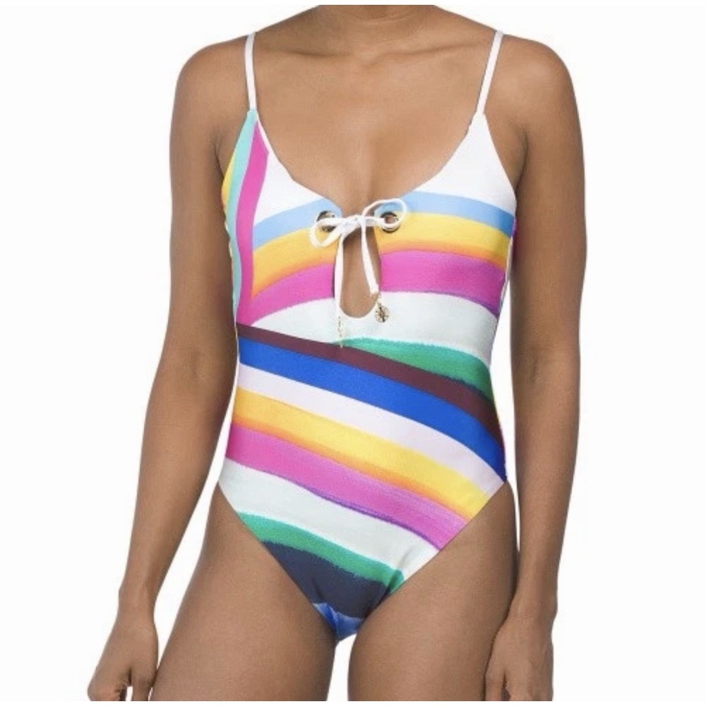Sunsets Women's Rainbow Stripe One Piece Swimsuit Size 8 Lace Up Front NWT